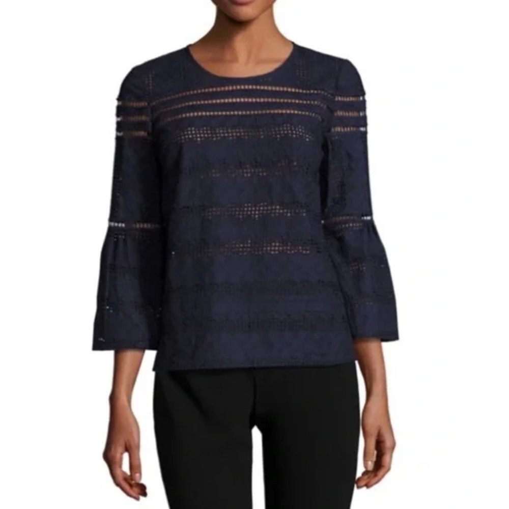 ba&sh Blouse Size Small Navy Blue Bell 3/4 Sleeve Women's Gianna Lace Eyelet
